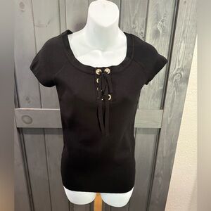 INC International Concepts Womens Black Short Sleeve Grommet Lace-Up Top